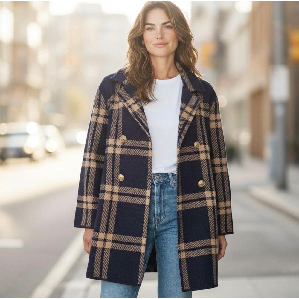 Anne Klein Navy Tan Plaid Double Breasted Knit Topper Jacket XL Academia Preppy